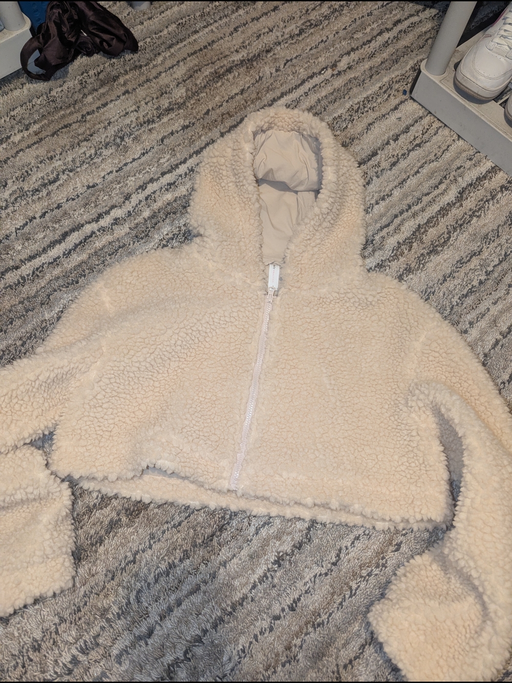 Cream Sherpa Hooded Cropped Puffer Jacket - Unbranded